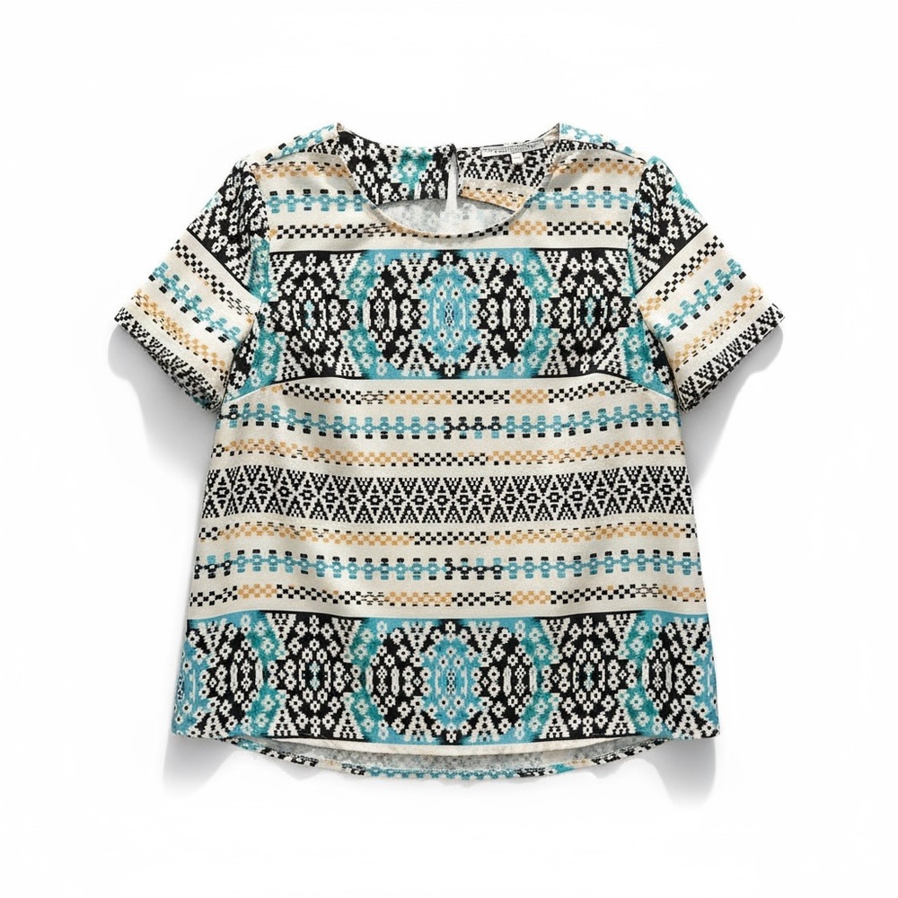 Aztec Print Short Sleeve Top in Teal and Black
